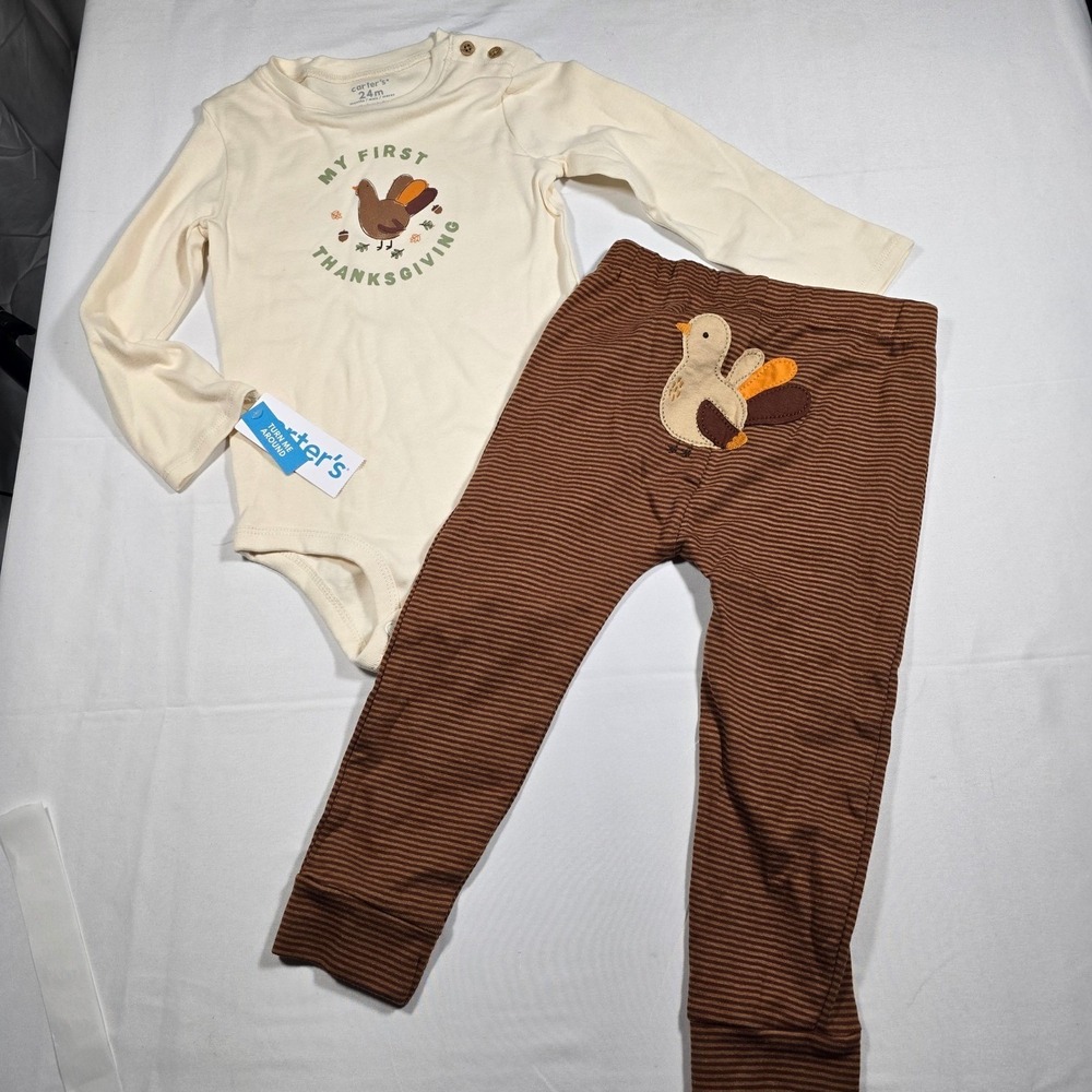 Carters Baby Boy 24M My First Thanksgiving Turkey Bodysuit Outfit Striped Pants